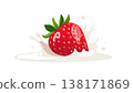 Red strawberry with stylized milk splash flat design minimal detail smooth lines centered layout bright 138171869
