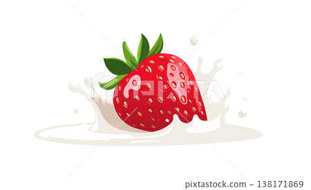 Red strawberry with stylized milk splash flat design minimal detail smooth lines centered layout bright 138171869