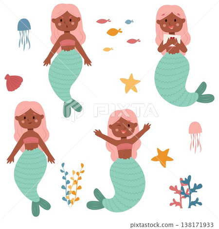 Vector illustration of a cartoon mermaid. Mermaid, siren, fairy tale, emotions, fantasy, dream, sea world, set Vector illustration of a cartoon mermaid. Mermaid, siren, fairy tale, emotions, fantasy, dream, sea world, set 138171933