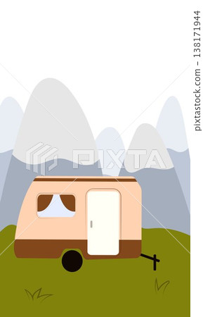 Flat vector illustration of camping outdoors. Mountains, campfire, tent, nature, camper, trees, coffee, backpack, guitar, kettle, boiler, tea, silence, calm, peace, marshmallows on fire 138171944