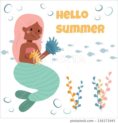 Vector illustration of a mermaid postcard. Hello summer. Mermaid, siren, postcard, summer, fairy tale, poster Vector illustration of a mermaid postcard. Hello summer. Mermaid, siren, postcard, summer, fairy tale, poster 138171945