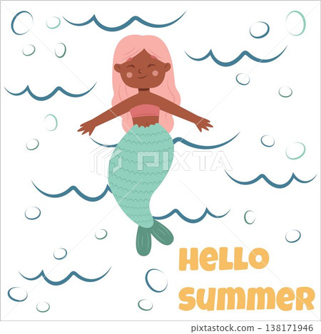 Vector illustration of a mermaid postcard. Hello summer. Mermaid, siren, postcard, summer, fairy tale, poster 138171946