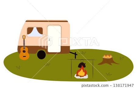 Flat vector illustration of camping outdoors. Mountains, campfire, tent, nature, camper, trees, coffee, backpack, guitar, kettle, boiler, tea, silence, calm, peace, marshmallows on fire 138171947