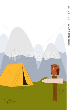 Flat vector illustration of camping outdoors. Mountains, campfire, tent, nature, camper, trees, coffee, backpack, guitar, kettle, boiler, tea, silence, calm, peace, marshmallows on fire 138171949
