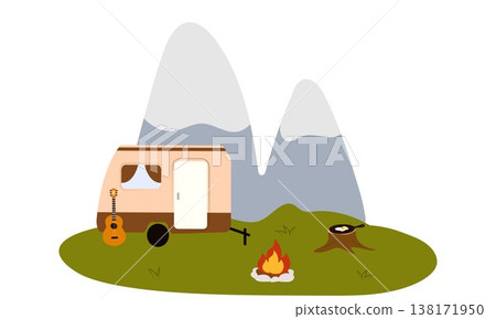 Flat vector illustration of camping outdoors. Mountains, campfire, tent, nature, camper, trees, coffee, backpack, guitar, kettle, boiler, tea, silence, calm, peace, marshmallows on fire 138171950
