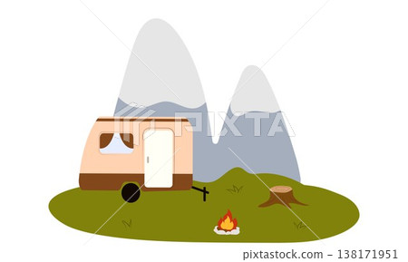 Flat vector illustration of camping outdoors. Mountains, campfire, tent, nature, camper, trees, coffee, backpack, guitar, kettle, boiler, tea, silence, calm, peace, marshmallows on fire 138171951