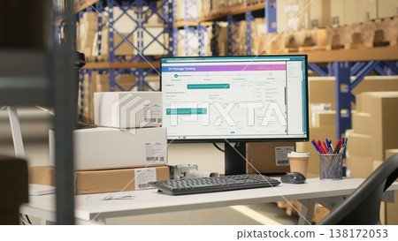 Empty fulfillment center with industrial shelving and storage racks with packages for large scale e-commerce activity. Space designed for fast delivery, product packaging and order processing. Empty fulfillment center with industrial shelving and storage racks with packages for large scale e-commerce activity. Space designed for fast delivery, product packaging and order processing. 138172053