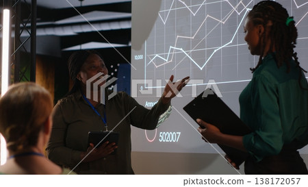 Diverse business consultants reviewing targets and proposals for a project agenda, examining data insights on a projection board with shareholders after hours in a briefing session. Camera B. Diverse business consultants reviewing targets and proposals for a project agenda, examining data insights on a projection board with shareholders after hours in a briefing session. Camera B. 138172057