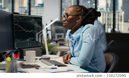 Portfolio manager in brokerage company office analyzes stock market trends to increase returns. African american woman tracks stock exchange metrics to identify investment opportunities Portfolio manager in brokerage company office analyzes stock market trends to increase returns. African american woman tracks stock exchange metrics to identify investment opportunities 138172090