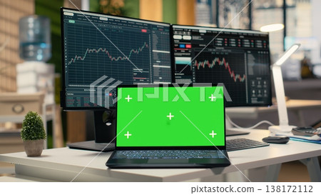Close up of trading software in forex firm office with graphs on green screen laptop. Mockup notebook on desk used by financial specialists tracking stock exchange activity using analytical tools 138172112