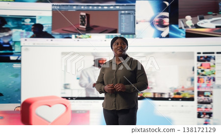 User enjoying watching unlimited video streaming service content library on dynamic media wall filled with viral clips. Woman living entertainment focused digital age lifestyle, camera A 138172129