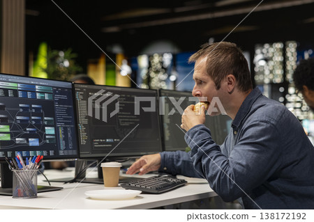 Software developer eating croissant in office, reviewing AI system metrics, monitoring performance dashboards. Tech company IT expert enjoying snack break at desk while using program on computer 138172192
