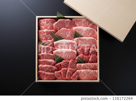 Premium marbled Wagyu beef in a paulownia wood box (for yakiniku, black packaging) 138172264