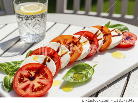 卡普雷塞沙拉，配上成熟的番茄和水牛芝士，淋上橄欖油——一道美味的開胃菜。 138172342