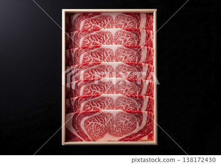 Premium marbled Wagyu beef in a paulownia wood box (for sukiyaki, foldable serving dish, black background) 138172430
