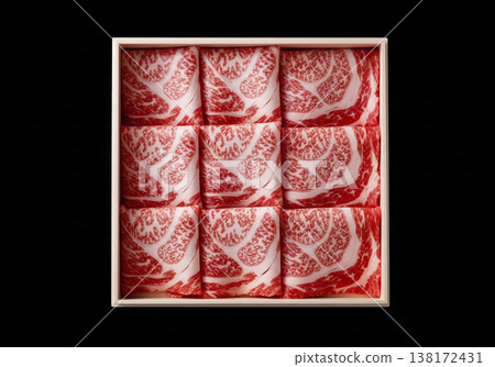 Premium marbled Wagyu beef in a paulownia wood box (for sukiyaki, foldable serving dish, black background) 138172431