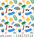 Summer vacation pattern vector with cute beach elements. Tropical doodle seamless background with sun, umbrella, palm trees, citrus cocktail. Playful colorful repeat illustration 138172514