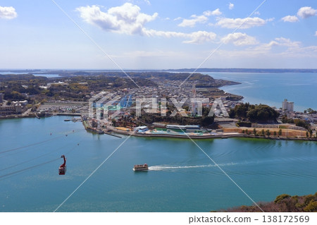 View of Lake Hamana, Kanzanji Temple, and the scenery from Mt. Okusayama, including the ropeway and sightseeing boat (Hamamatsu City, Shizuoka Prefecture) 138172569