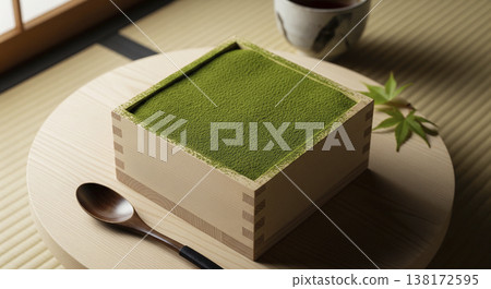 A smooth Uji matcha tiramisu served in a wooden masu (square wooden box), a beautiful Japanese-style dessert adorned with vibrant green powder. 138172595