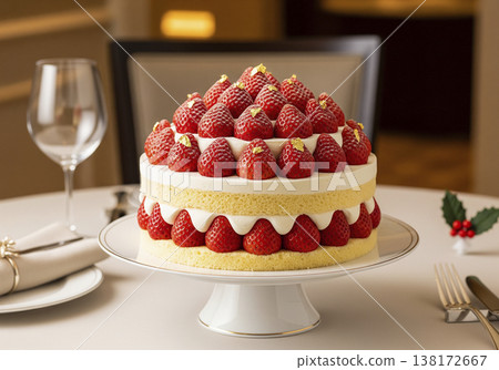 一款圓頂形的草莓蛋糕，上面鋪滿了成熟的草莓——這是來自豪華酒店的聖誕蛋糕。 138172667