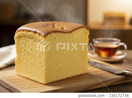 A freshly baked, extra-thick Taiwanese castella cake, steaming from it, with a finely textured cross-section and a beautiful golden-brown crust. 138172736