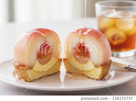 A whole peach compote cake dripping with glossy syrup; a juicy cross-section of a tart filled with custard. 138172737