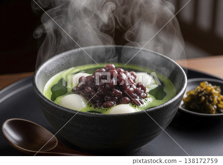 抹茶麻糬全才，熱氣騰騰，色澤翠綠，豆子鮮紅油亮——是美麗的日式甜點。 138172759