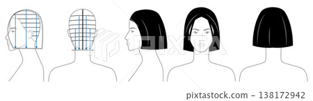 Black and white bob haircut diagram showing structure, sectioning and cutting lines with front and back views, clean 138172942