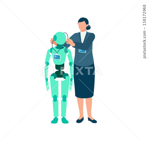 An AI robot working as part of a team alongside a female office worker. Revitalizing the organization and creating a next-generation work style. An AI robot working as part of a team alongside a female office worker. Revitalizing the organization and creating a next-generation work style. 138172968
