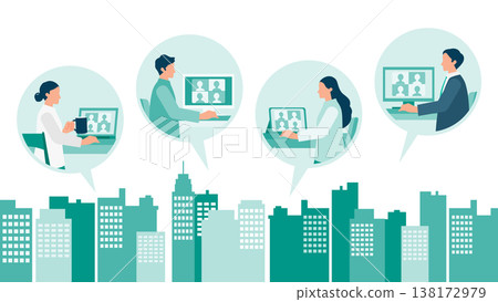 Men and women working in hybrid work, connecting from various locations. 138172979