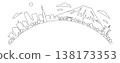 Line art vector of a Japanese city, Tokyo, including Mount Fuji and shrines. 138173353