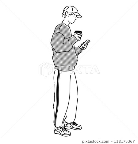 東京時尚快拍春季男士運動混搭穿搭男士線條畫插圖 138173367