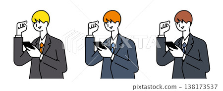 Upper body set of a man in a suit looking happy on his smartphone Upper body set of a man in a suit looking happy on his smartphone 138173537