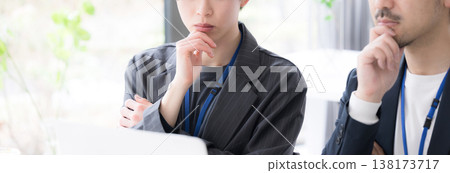 A business scene depicting the thoughts and solutions of a boss and a junior employee considering a problem: They ponder, hesitate, and think, putting their hand to their chin. A business scene depicting the thoughts and solutions of a boss and a junior employee considering a problem: They ponder, hesitate, and think, putting their hand to their chin. 138173717