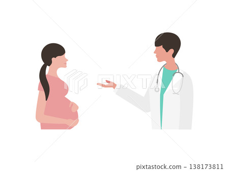 向量圖：一位醫生正在向一位孕婦（面向左邊）講解醫學知識。 138173811