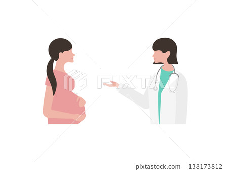 向量圖:一位女醫生正在向一位孕婦(面向左邊)講解醫學知識。 向量圖:一位女醫生正在向一位孕婦(面向左邊)講解醫學知識。 138173812