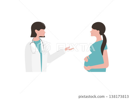 向量圖:一位女醫生正在向一位孕婦(面向右側)講解醫學知識。 向量圖:一位女醫生正在向一位孕婦(面向右側)講解醫學知識。 138173813