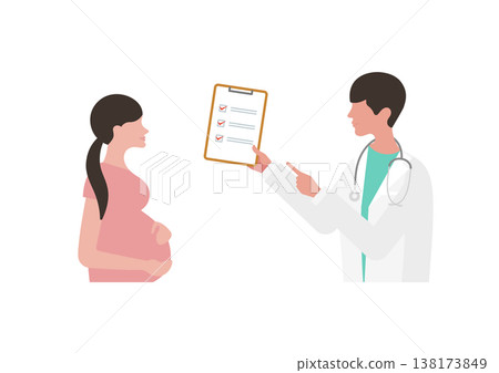 一位孕婦和一位拿著檢查清單的醫生的向量插圖（醫生面向左側）。 138173849