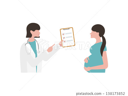 向量圖：一位孕婦和一位手持檢查清單的女醫生（醫生面向右側） 138173852