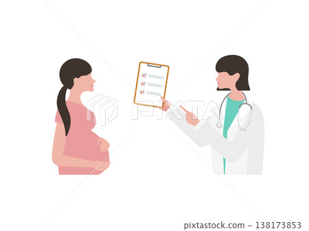 Vector illustration of a pregnant woman and a female doctor holding a checklist (doctor facing left) 138173853