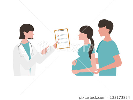 向量圖描繪了一對懷孕夫婦和一位手持檢查清單的女醫生(醫生面向右側)。 向量圖描繪了一對懷孕夫婦和一位手持檢查清單的女醫生(醫生面向右側)。 138173854