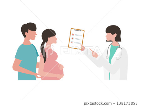 向量圖描繪了一對懷孕夫婦和一位手持檢查清單的女醫生（醫生面向左側）。 138173855
