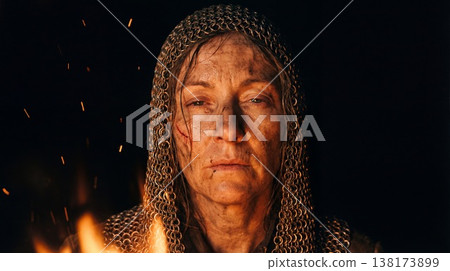 Seasoned Woman In Chainmail Looks Solemnly At Blazing Aftermath With Unwavering Resolve And Silent 138173899