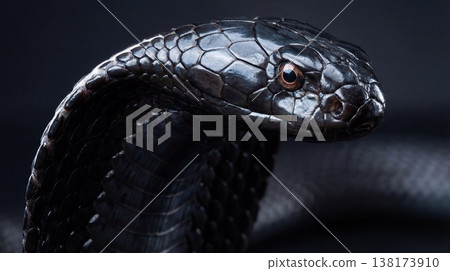 Shiny Serpent Prepared To Strike. Glossy Black Snake With Sharp Fangs In Moody Studio Setting Shiny Serpent Prepared To Strike. Glossy Black Snake With Sharp Fangs In Moody Studio Setting 138173910