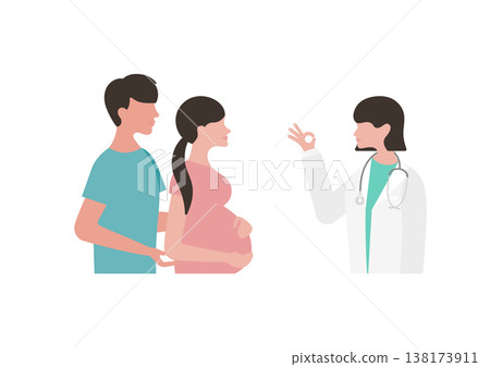 向量圖：一位女醫生向一對孕婦夫婦（面向左）比出OK手勢 138173911