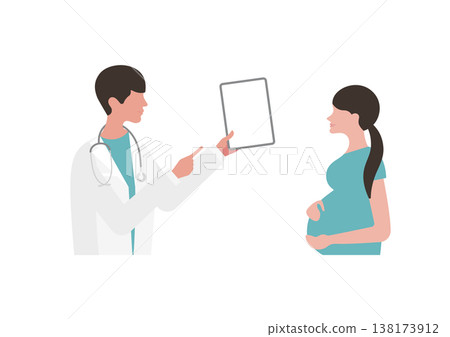 Vector illustration of a doctor explaining medical information to a pregnant woman using a tablet (facing right, blue). Vector illustration of a doctor explaining medical information to a pregnant woman using a tablet (facing right, blue). 138173912