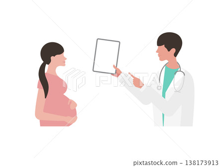 向量圖:一位醫生正在使用平板電腦向一位孕婦(面向左側)解釋醫學資訊。 向量圖:一位醫生正在使用平板電腦向一位孕婦(面向左側)解釋醫學資訊。 138173913