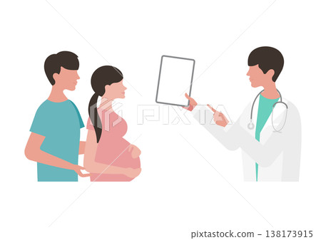 向量圖:一位醫生正在使用平板電腦向一對孕婦夫婦解釋醫學資訊(面向左側)。 向量圖:一位醫生正在使用平板電腦向一對孕婦夫婦解釋醫學資訊(面向左側)。 138173915