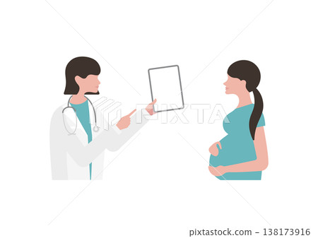 向量圖:一位女醫生正在使用平板電腦向孕婦(面向右側)解釋醫學資訊。 向量圖:一位女醫生正在使用平板電腦向孕婦(面向右側)解釋醫學資訊。 138173916