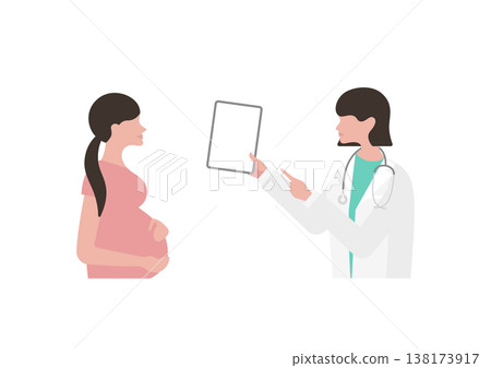 向量圖:一位女醫生正在使用平板電腦向孕婦(面向左側)解釋醫學資訊。 向量圖:一位女醫生正在使用平板電腦向孕婦(面向左側)解釋醫學資訊。 138173917